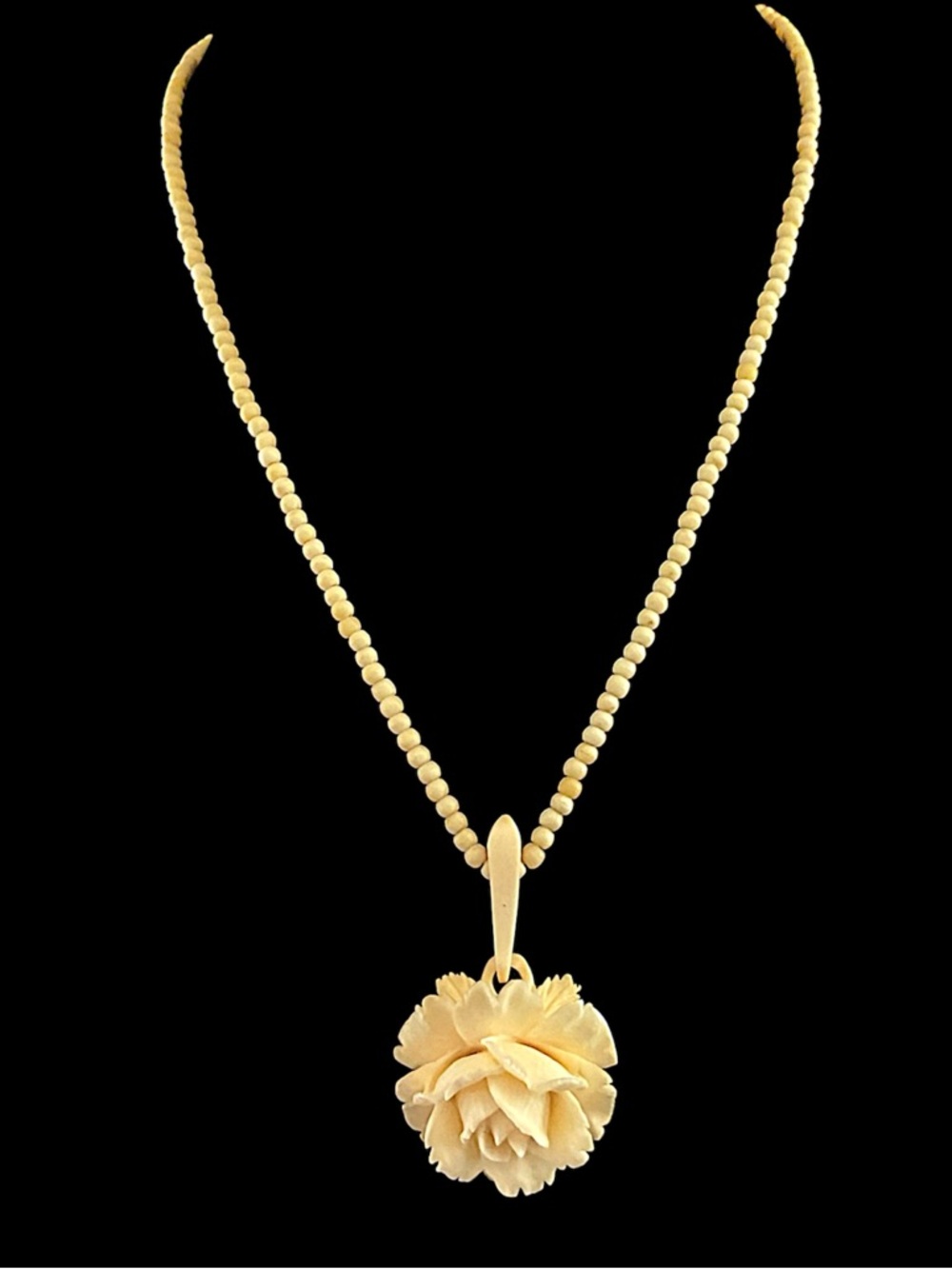 Vintage Hand Carved Bovine Bone Rose Flower Necklace and Pendant